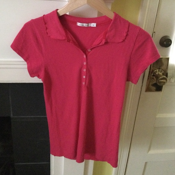 Sucre Soir Lettuce Edge Polo Stretch Top Pink Short Sleeve - Sz Large - Picture 1 of 12